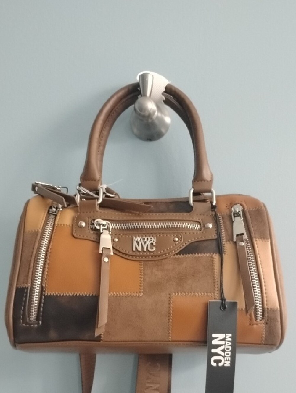 NWT Steve Madden Brown Patchwork Crossbody Bag with Detachable Strap - Picture 3 of 4